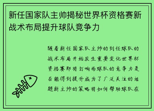 新任国家队主帅揭秘世界杯资格赛新战术布局提升球队竞争力