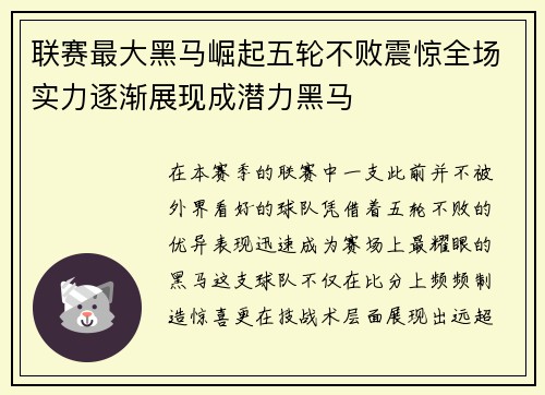 联赛最大黑马崛起五轮不败震惊全场实力逐渐展现成潜力黑马