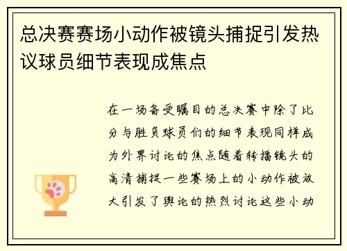 总决赛赛场小动作被镜头捕捉引发热议球员细节表现成焦点
